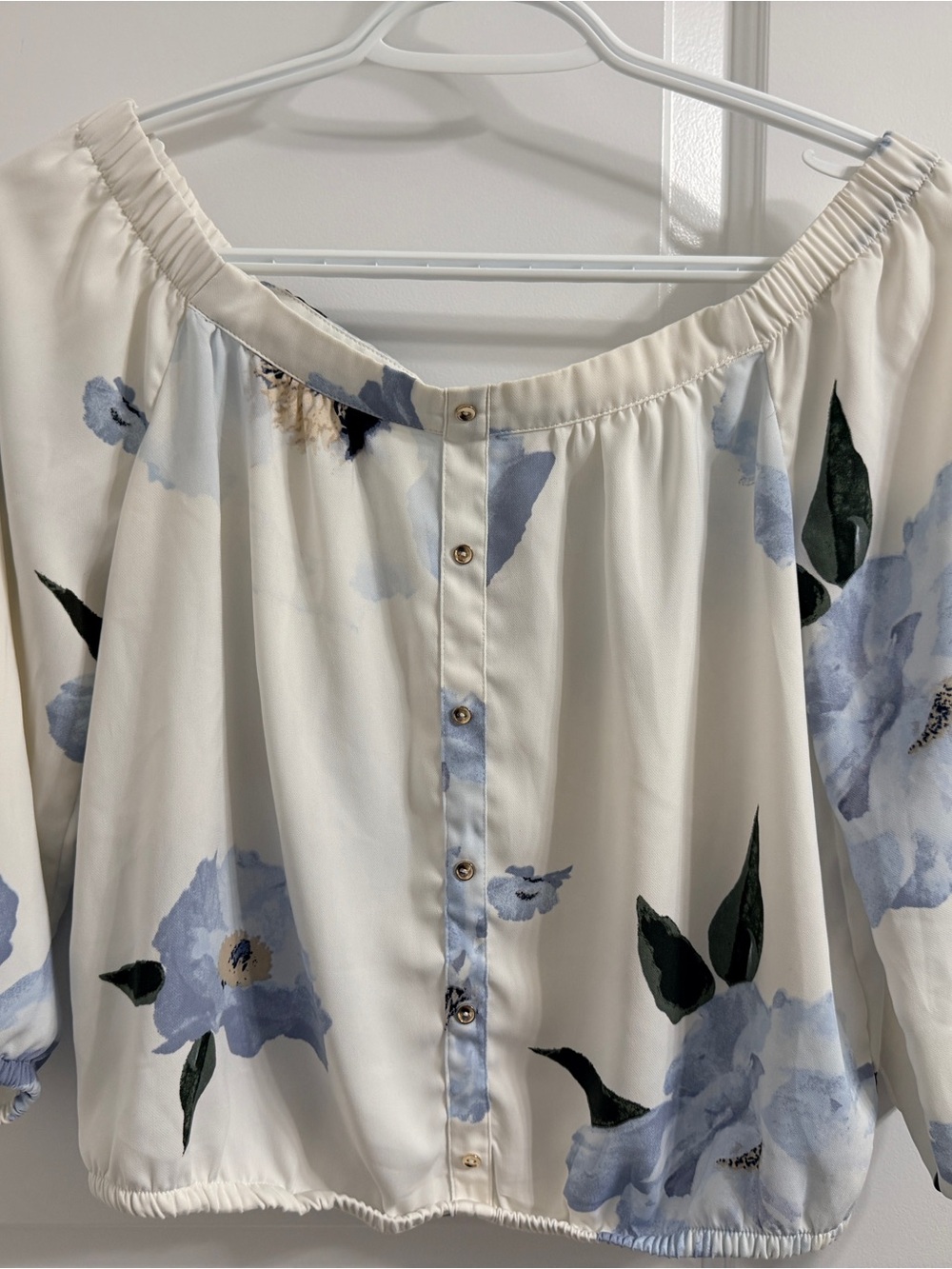 Dynamite Cream Off-Shoulder Top with Blue Floral Print